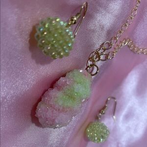 Pink and yellow crystal necklace and earring set